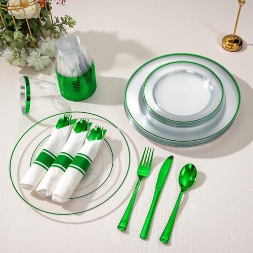 SUT 175 Pcs Green and Clear Plastic Dinnerware Set for 25 Guests, Include: 25 Dinner Plates, 25 Dessert Plates, 25 Pre Rolled Napkins With Silverware, 25 Cups, Disposable Plates for Party - Image 5