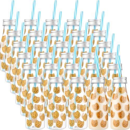 Yungyan 30 Pcs Cookies Themed Plastic Milk Bottles with Straws and Lids Clear 8 oz Mini Juice Bottles with Cap Small Dairy Jar and 450 Cookie Sticker Labels Tiny Drink Container for Birthday Party by Yungyan
