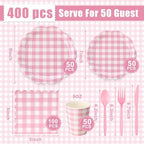 Funnymoom 400 Pcs Gingham Party Supplies for 50 Guests Pink and White Paper Plates and Napkins Knives Spoon Fork Cup Disposable Checkered Dinner Party Set Cutlery for Baby Shower Wedding Favor - Image 3