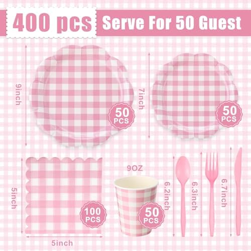 Funnymoom 400 Pcs Gingham Party Supplies for 50 Guests Pink and White Paper Plates and Napkins Knives Spoon Fork Cup Disposable Checkered Dinner Party Set Cutlery for Baby Shower Wedding Favor - Image 3