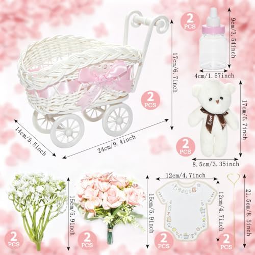 2 Pack Baby Carriage for Baby Shower Centerpiece Table with Wicker Stroller Bottle Bear Cards Rattan Artificial Rose Hydrangea Baby's Breath Floral Card Holder Decoration(Pink，16pcs) - Image 2
