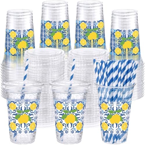 Funnymoom 50 Sets 20 oz Capri Lemon Plastic Cups with Lids & Paper Straws by Funnymoom