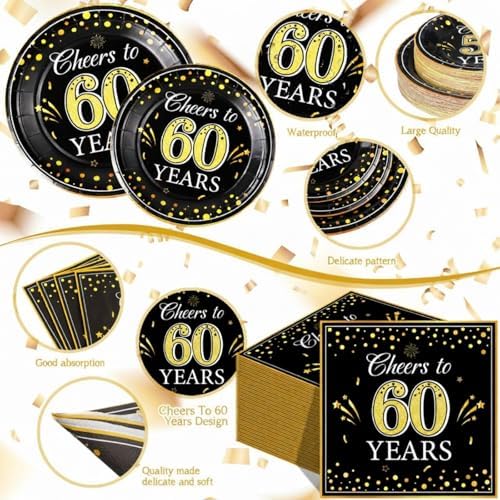 Pickmesh 250 Pcs 60th Birthday Party Supplies Decorations Serve 50 Black Gold Cheers to 60 Years Disposable Paper Plates Napkins and Cups for Women Men 50th Birthday Wedding Anniversary Party Supplies - Image 3