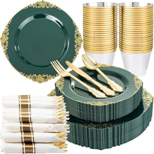 Nervure 175Pcs Green Plastic Plates, Disposable Party Plates for 25 Guests by Nervure