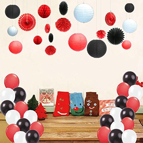 Kubert 91 Pcs Black Red White Tissue Pom Poms Paper Flowers Paper Lanterns for Birthday Party Decoration by Unknown