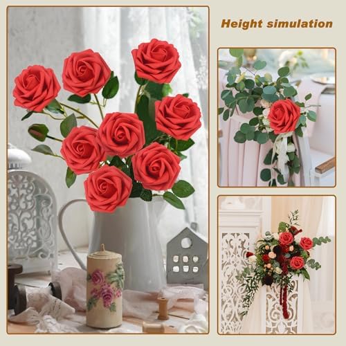 Artificial Flowers Realistic Red Roses, 100pcs Real Looking Fake Roses with Stem for DIY Wedding Bouquets Centerpieces Bridal Shower Party Home Romantic Decorations (Red) - Image 4