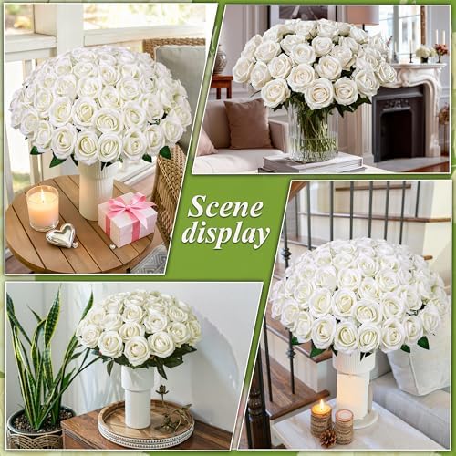 HyeFlora 50 PCS Ivory Roses Artificial Flowers, Fake Roses with Stem Realistic Silk Roses for DIY Wedding Bouquets Tables Centerpieces Arrangements Baby Shower Party Birthday Home Decor for Her - Image 4
