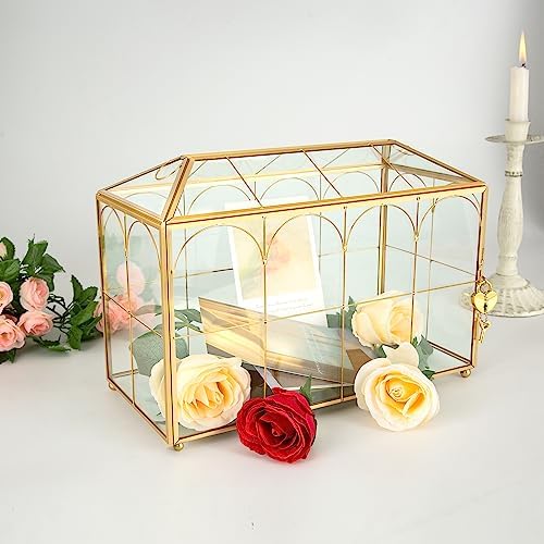 Glass Wedding Card Box with Lock, 12.6x5.9x9 inches Large Gold Card Boxes - Image 6