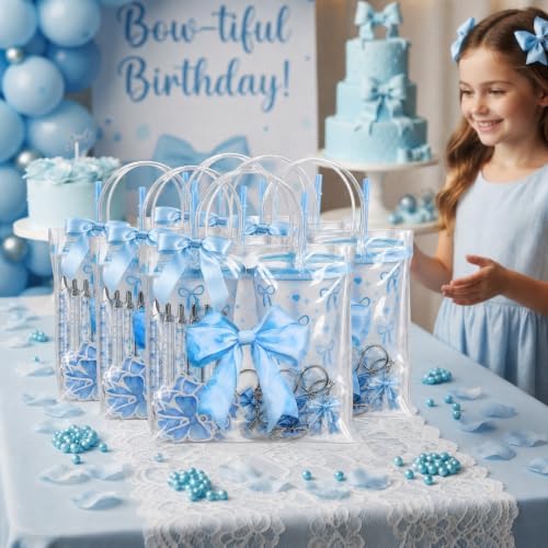 12 Sets Blue Bow Party Favors Includes 24 Oz Tumblers with Lids and Straws Pens Keychains Clear Gift Bags Coquette Aesthetic Gifts Set for Guests Bridal Baby Shower Birthday Party Supplies - Image 5