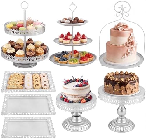 Lallisa 8 Pcs Cake Stands Set Metal Dessert Table Display Tiered Cupcake Holder Candy Donut Fruit Plate Cake Serving Tray with Handle Treats Serving Tower for Wedding Birthday Party (Sliver) by Lallisa