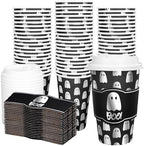 Whaline 50Pcs 16Oz Halloween Disposable Coffee Cups with Lids and Sleeves Spooky Foil Silver Ghost Boo Paper Drinking Cup for Trick or Treat Birthday Party Supplies by Whaline