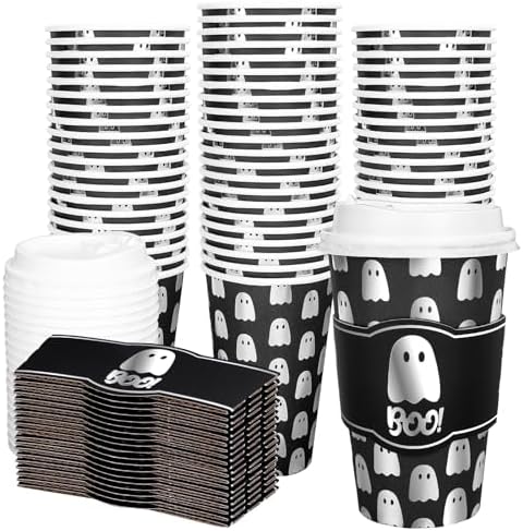 Whaline 50Pcs 16Oz Halloween Disposable Coffee Cups with Lids and Sleeves Spooky Foil Silver Ghost Boo Paper Drinking Cup for Trick or Treat Birthday Party Supplies by Whaline
