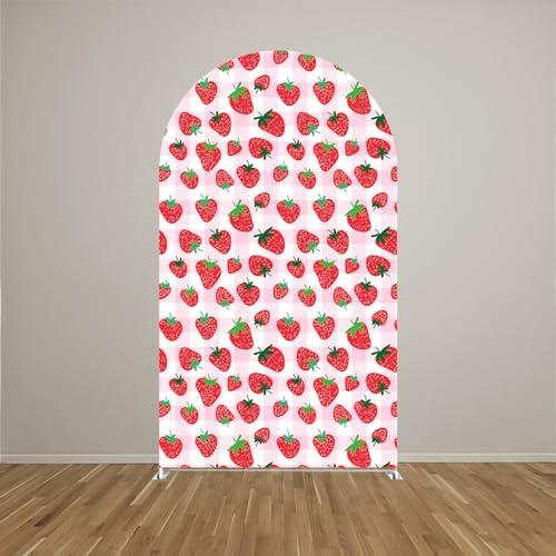 Pink Strawberry Stretchy Arch Cover Backdrop Photo Booth Background Birthday Baby Shower Baptism Party Decoration Curved Top Frame Spandex (GX-2667,7.2x4ft) - Image 2