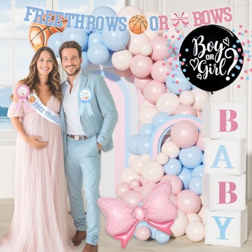 Free Throws or Pink Bows Gender Reveal Decorations, Party Balloon Arch Kit Supplies Includes Balloons, Banner, Sash, Badge Backdrop, Topper, Poster, Balloon Boxes, Tablecloth, Marker 150 PCs - Image 6