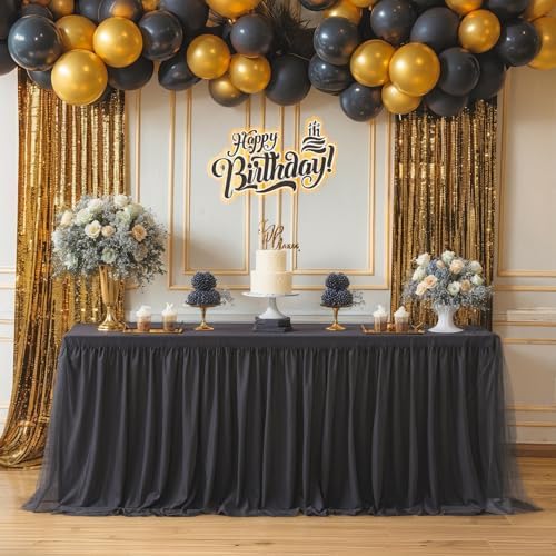 Black Tablecloth for 8 Foot Rectangle Tables, Ruffle Tulle Table Skirt for Rectangle Table 8ft Tables Cover Fitted Banquet Birthday Party Wedding Tablecloth Elastic Stretch - Image 3
