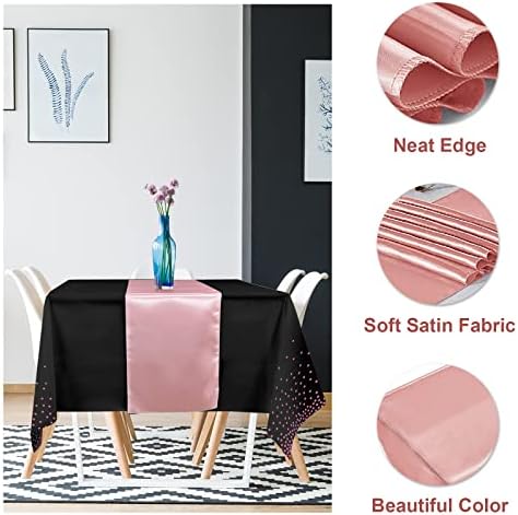 16Pack Disposable Plastic Tablecloths and Satin Table Runner Set Black and Rose Gold Dot Tablecloth Gold Satin Table Runner for Wedding Birthday Baby Shower Anniversary Christmas New Year Party Supply - Image 3