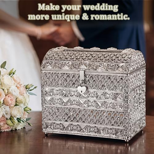 ELLDOO Crystal Wedding Card Box with Heart Lock, Vintage Money Card Box Treasure Chest Style Silver Gift for Wedding Receptions, Centerpiece Decor, Anniversary Keepsake, Gift, Small Size - Image 5