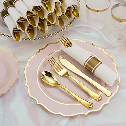 50 Pack Pre Rolled Gold Plastic Silverware Set with Napkins,Disposable Wrapped Heavy Duty Cutlery Set for Wedding Birthday Party-50 Forks,Knives,Spoons,Napkins,Utensils Set,Plasticware Bulk - Image 4