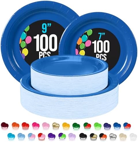 Party Solids Exquisite Dark Blue Paper Plates Disposable Heavy Duty 200 Pcs - 100-7" & 100-9" Dark Blue Disposable Plates For Party Heavy Duty 350 GSM For Birthday Supplies by PartySolids