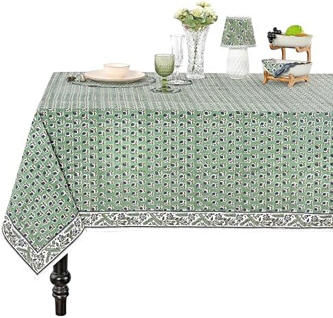 Ridhi Basil Green 60x60 Inches Square 100% Cotton Hand Block Print Tablecloth Washable Halloween Thanksgiving/Christmas Parties/Wedding Use,Fall décor Farmhouse Dining Dinner Tablecloth by Ridhi