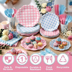 Funnymoom 400 Pcs Gingham Party Supplies for 50 Guests Pink and Blue Paper Plates and Napkins Set Knives Spoons Forks Cups Disposable Dinner Party Cutlery for Gender Reveal Baby Shower Birthday - Image 4