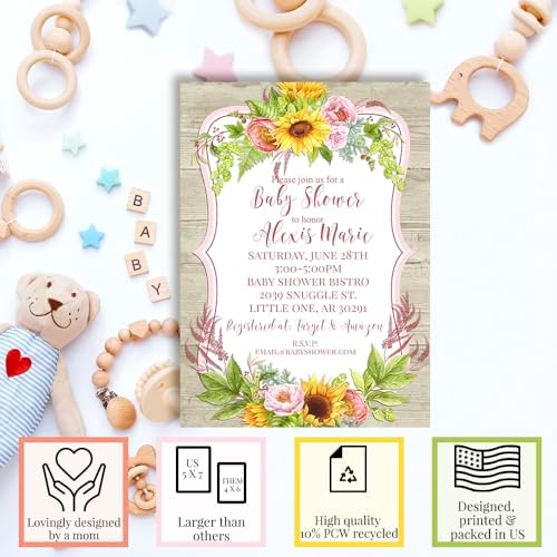 Amanda Creation Dahlia Sunflower Personalized Baby Shower Invitations, Sunflower Baby Shower Invitations, 20 Personalized 5x7 Double-Sided Cards with White Envelopes, Made in USA - Image 2
