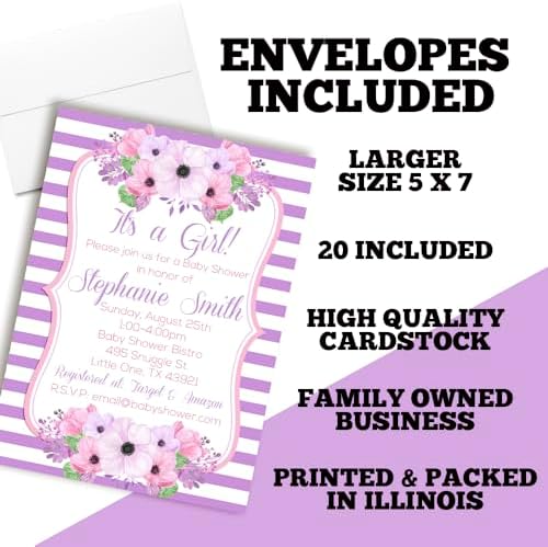 Custom Baby Shower Invites Pink and Purple Flower Baby Shower Invitation 20 5x7 Custom Personalized Floral Shower Invites With Envelopes - Unique Pink and Purple Floral Theme - Image 6