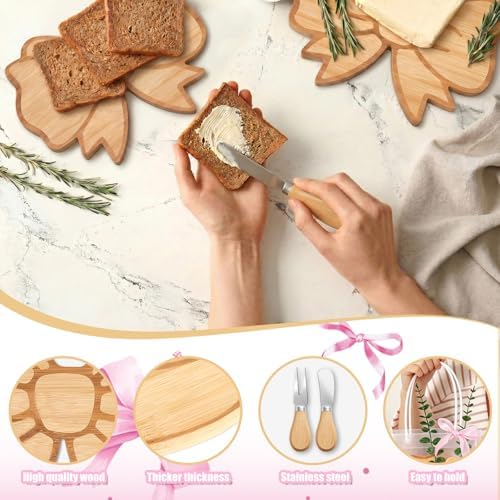 56 Pcs Pink Bow Baby Shower Prizes for Game Winners 6 Sets Bamboo Cheese Board Spoon Fork Butter Spreaders Plaid Towel Thank You Card and Gift Bags for Coquette Pink Bow Baby Shower Favors - Image 4
