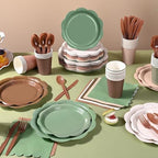350 Pcs Woodland Baby Shower Party Supplies Set - Sage Green and Brown Paper Plates and Napkins Set Include Scalloped Paper Plate Napkin Cup Spoon Fork Knife for Safari Jungle Baby Shower Decorations - Image 6