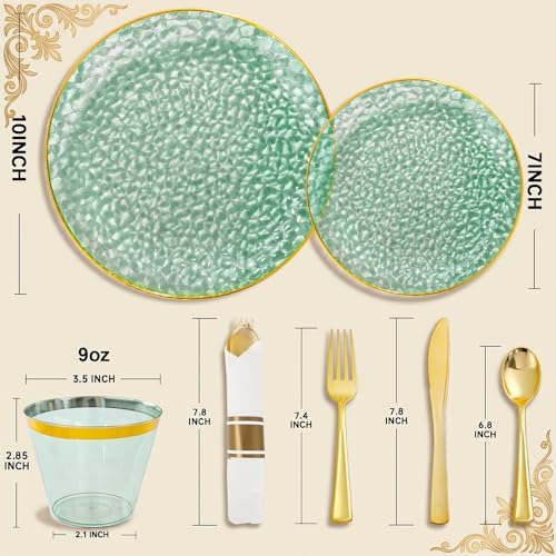 175PCS Green Plastic Plates for 25 Guests, Disposable Plates for Party, Heavy Duty Disposable Plate Set Include: 25 Dinner Plates, 25 Dessert Plates, 25 Cups and Cutlery for Wedding & Party - Image 2