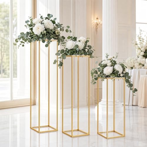 3PCS Square Metal Pedestal Stands, Gold Display Columns for Party Decorations, Wedding Cake Table Stands with Removable Acrylic Top, Sturdy Iron Nesting Riser for Flowers, Vases, and Dessert Displays (23.6", 31.5", 39.3" Heights) - Image 5
