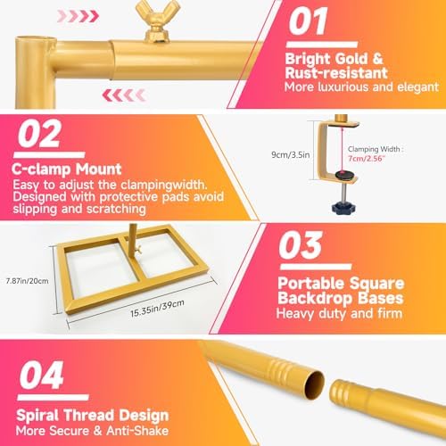 Square Backdrop Stand, Wedding Arch Heavy Duty Adjustable Stand, Over The Table Rod Stand with Clamps, Metal Gold Garden Balloon Frame for Baby Shower Party Decoration - Image 4