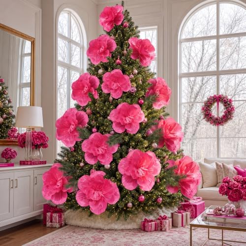 Giegxin 28 Pcs 14'' 10'' 6'' Hot Pink Christmas Paper Flowers Ornaments by Giegxin
