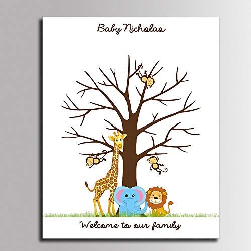 Personalized Fingerprint Tree Guest Book for Girl Baby Shower Lovely Elephant Lion Canvas Painting with Wooden Hanger DIY Signature Sign in Book Communion Gift-60x80cm - Image 2