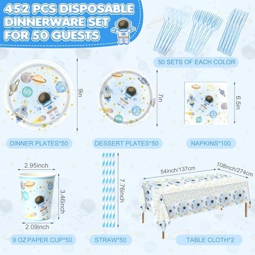 Potchen 452 Pcs Space Plates Napkins Party Supply, Baby Blue - Image 2
