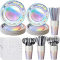 Iridescent Party Supplies Decorations, Holographic Paper Plates and Napkins Set, Disposable Iridescent Paper Plates Cups Knives Spoons Fork Straw for Mermaid Birthday Wedding Party, Serve 50 by EnjoyYourFunnyParties