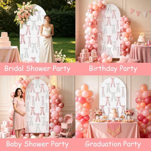 Pink Bows Arch Backdrop Cover Kit 6FT, Stretchy White Photography Background Stand Cover with 44 Satin Bows for Bridal Baby Shower Birthday Party 3D Bowknot Princess Photo Booth Decor - Image 2