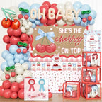 Costova Cherry Baby Shower Decoration, She’s the Cherry On Top Party Supplies with Balloon Boxes Cherries Backdrop Tablecloth Cake Cupcake Topper Poster Badges Sash by Unknown