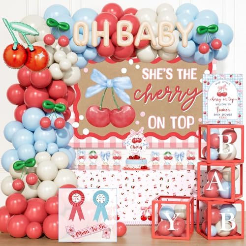 Costova Cherry Baby Shower Decoration, She’s the Cherry On Top Party Supplies with Balloon Boxes Cherries Backdrop Tablecloth Cake Cupcake Topper Poster Badges Sash by Unknown
