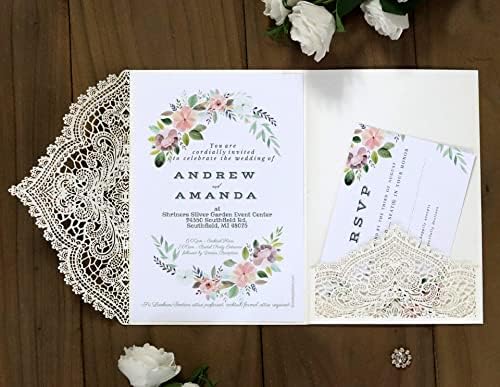 20Pcs Laser Cut Pocket Wedding Invitation Covers, 4.9×7 Inch Trifold Lace Floral Invitation Sleeves with Envelopes (Ivory, 50 Pcs Blank) - Image 2