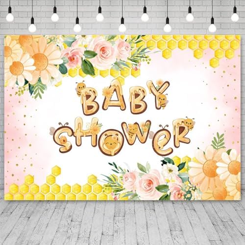 15x8ft Baby Shower Backdrop Bee Flower Honeycomb Floral Pink Yellow Background for Girl Baby Shower Party Decoration Cute Bee Themed Photo Booth Banner - Image 3