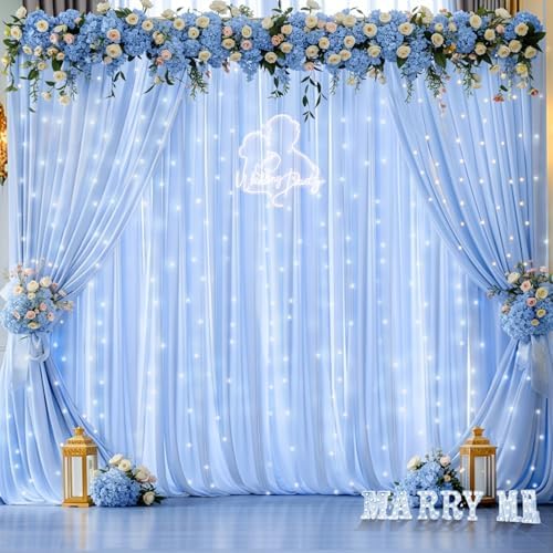 10ft x 10ft Baby Blue Chiffon Backdrop Curtain with Lights String for Parties,2 Panels Sheer Tulle Curtain Wedding Photo Backdrop with Lights for Baby Shower Birthday Party Ceremony Home Decorations by Partisky