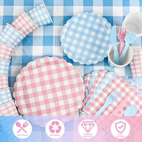Tenshun 212Pcs Gingham Gender Reveal Party Supplies Set, Pink or Blue - Image 6