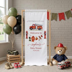 Firefighter Baby Shower Welcome Sign 24x71 Inch Polyester Banner Custom Fire Truck Theme Party Decoration Red Fireman Engine Backdrop Gender Neutral Boy Girl Nursery Wall Hanging Bunting Celebration - Image 3