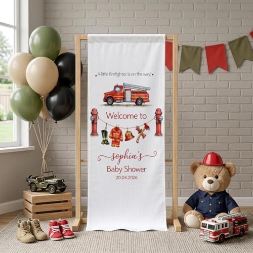 Firefighter Baby Shower Welcome Sign 24x71 Inch Polyester Banner Custom Fire Truck Theme Party Decoration Red Fireman Engine Backdrop Gender Neutral Boy Girl Nursery Wall Hanging Bunting Celebration - Image 3