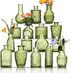 Glass Bud Vases Set of 16 - Green Assorted Small Mini Glass Vases for Flowers, Crystal Vintage Vase Set, Bulk Centerpieces for Table Décor, Wedding, Home and Events (Green, 16 Pcs) by Unknown