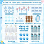 OINETRK 109pcs Baby Shower Prizes for Winners Gifts Baby Shower Favors including Headband Hair Brush Compact Mirror Bath Sponges Powder Puff Hair Tie Claw Makeup Brushes Gift Bag Bridal Shower(Blue) - Image 2