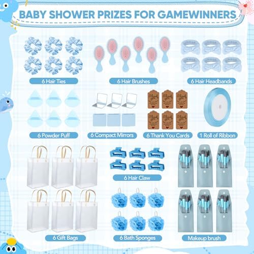 OINETRK 109pcs Baby Shower Prizes for Winners Gifts Baby Shower Favors including Headband Hair Brush Compact Mirror Bath Sponges Powder Puff Hair Tie Claw Makeup Brushes Gift Bag Bridal Shower(Blue) - Image 2