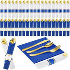 Lasnten 50 Pcs Pre-rolled Gold Cutlery Set with Napkins Navy Blue, White by Lasnten