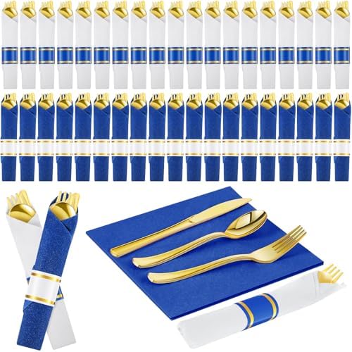 Lasnten 50 Pcs Pre-rolled Gold Cutlery Set with Napkins Navy Blue, White by Lasnten